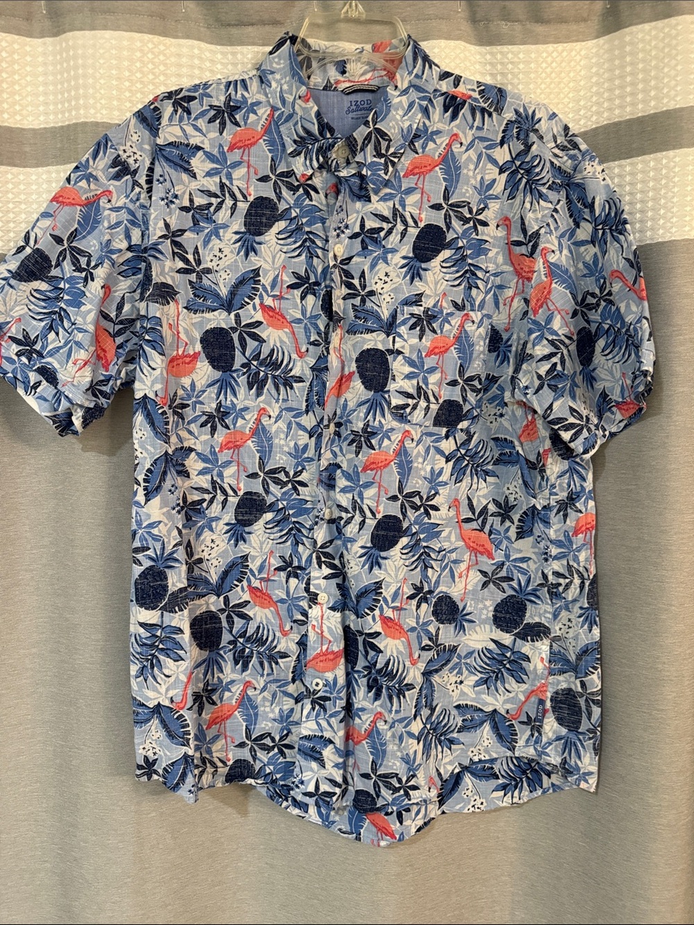 Izod Blue Short Sleeve Button-Down with Coral Flamingo Print